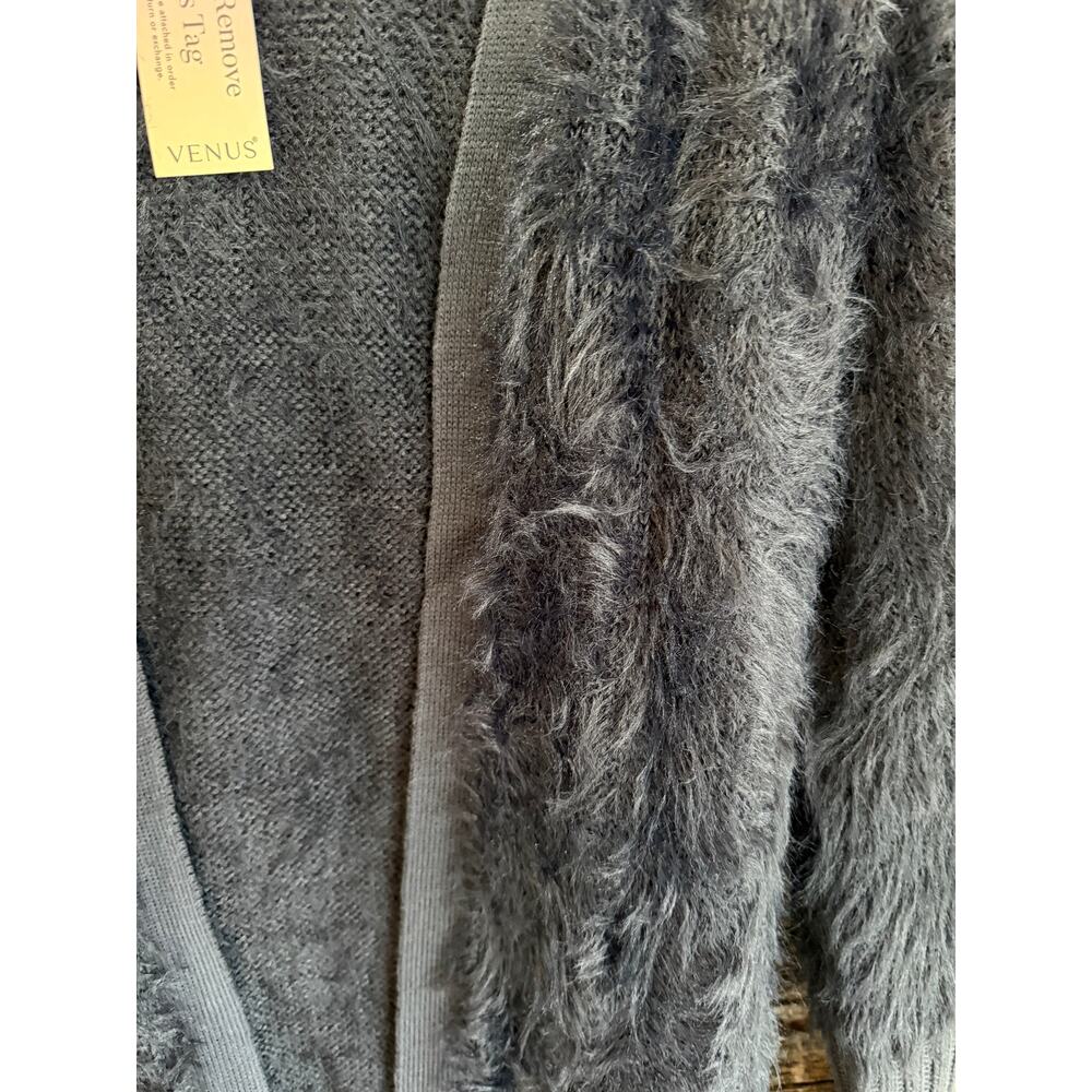 VENUS NWT Women's Black Fuzzy Eyelash Knit Open Front Long Cardigan Sweater S - Picture 4 of 8